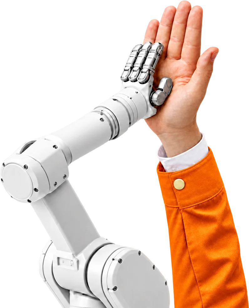 A white robot arm and a person in an orange jacket meeting in a high five.
